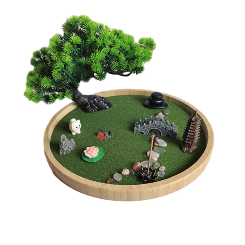 Custom Bamboo DIY Tree Zen Garden Kit Indoor Mini Zen Garden With Green Sand and Miniature For Desktop Decor