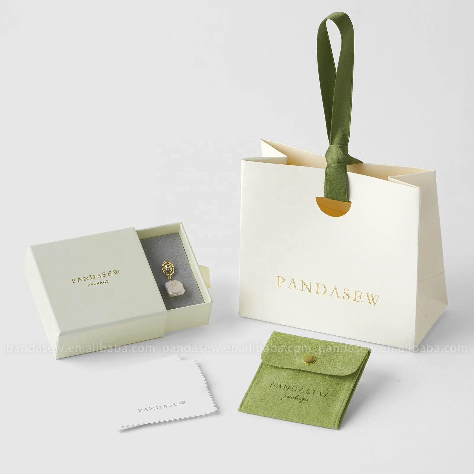 PandaSew Custom Logo Printed Packaging Kits Kraft Paper Bag Jewelry Box Microfiber Jewelry Pouch Silver Polishing Cloth