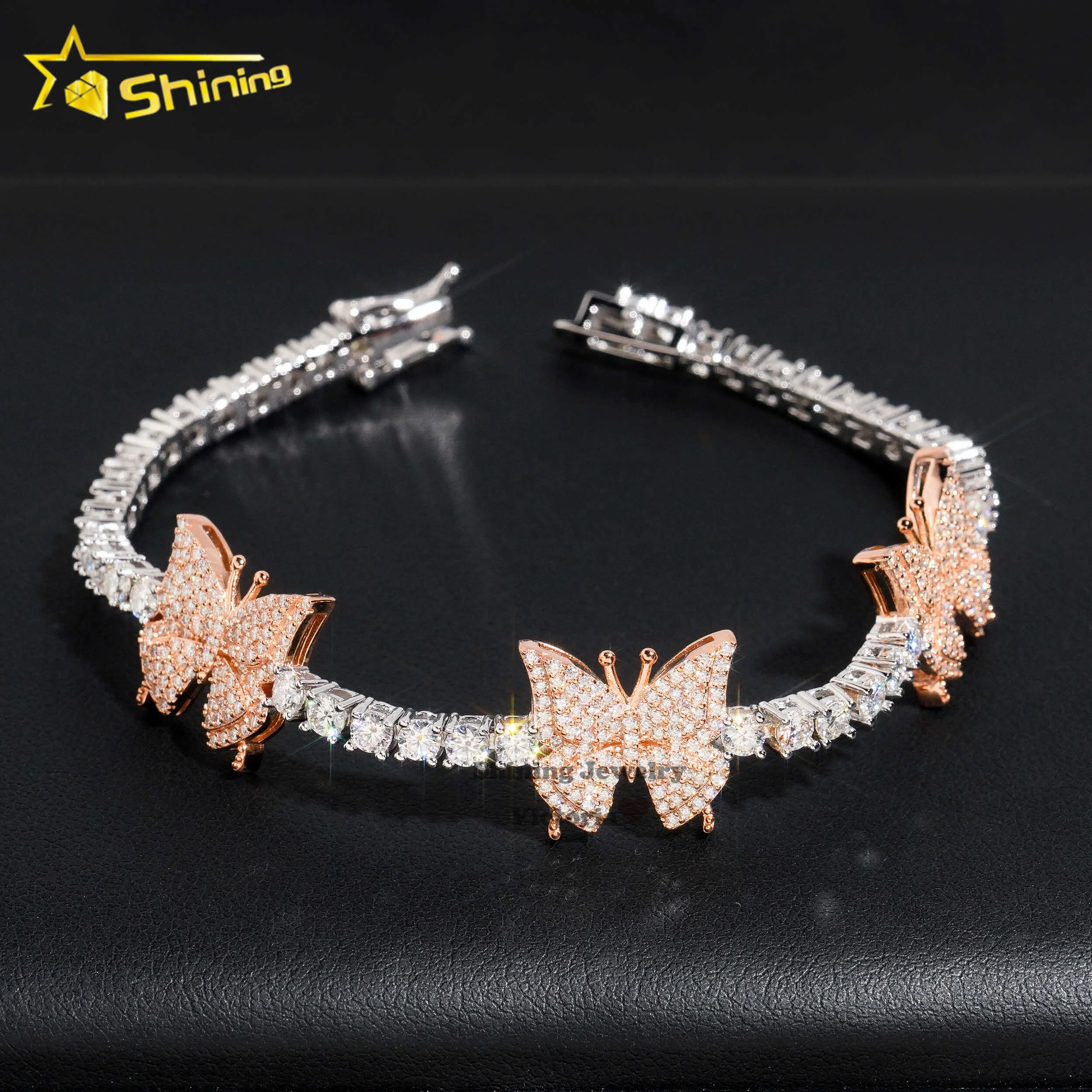 New arrival 3mm charm bracelet 925 silvert 14k gold vvs moissanite diamond butterfly and heart tennis bracelet for women men