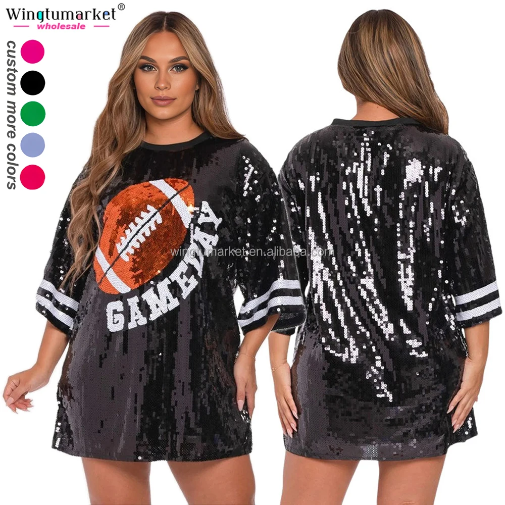 Wholesale cheerleading uniforms glitter t shirt mini dress tiger orange red woman game day sequin football women dresses
