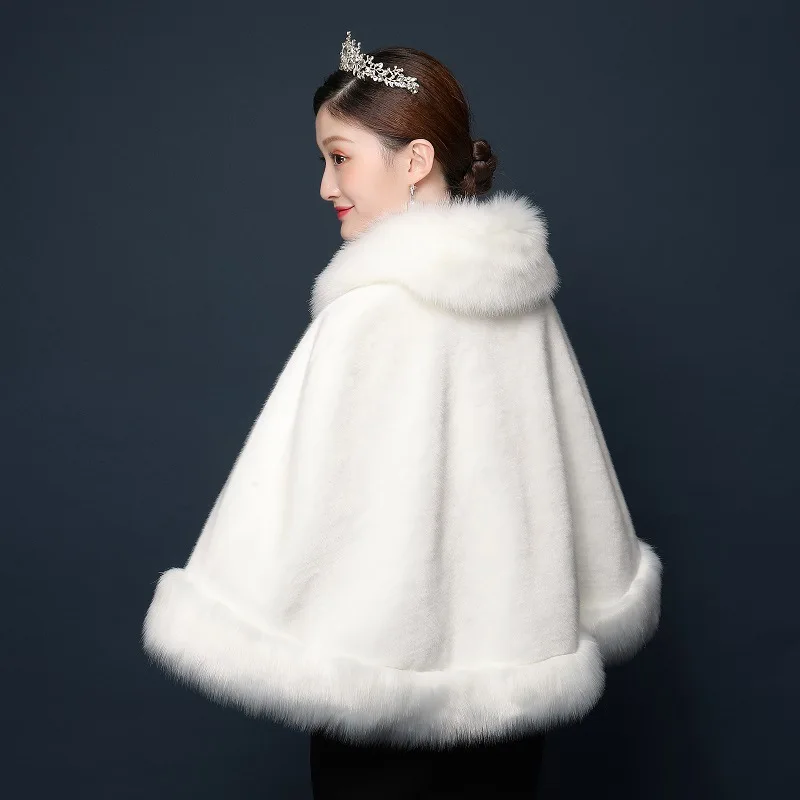 
Jtfur Winter new party wedding warm cloak woolen coat women white fur shawl with furry collar 