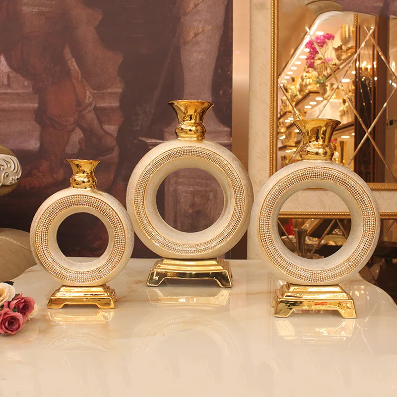 luxury bling diamond rim ceramic vases with gold pedestal black donut shape porcelain flower vase for hotel wedding KTV decor