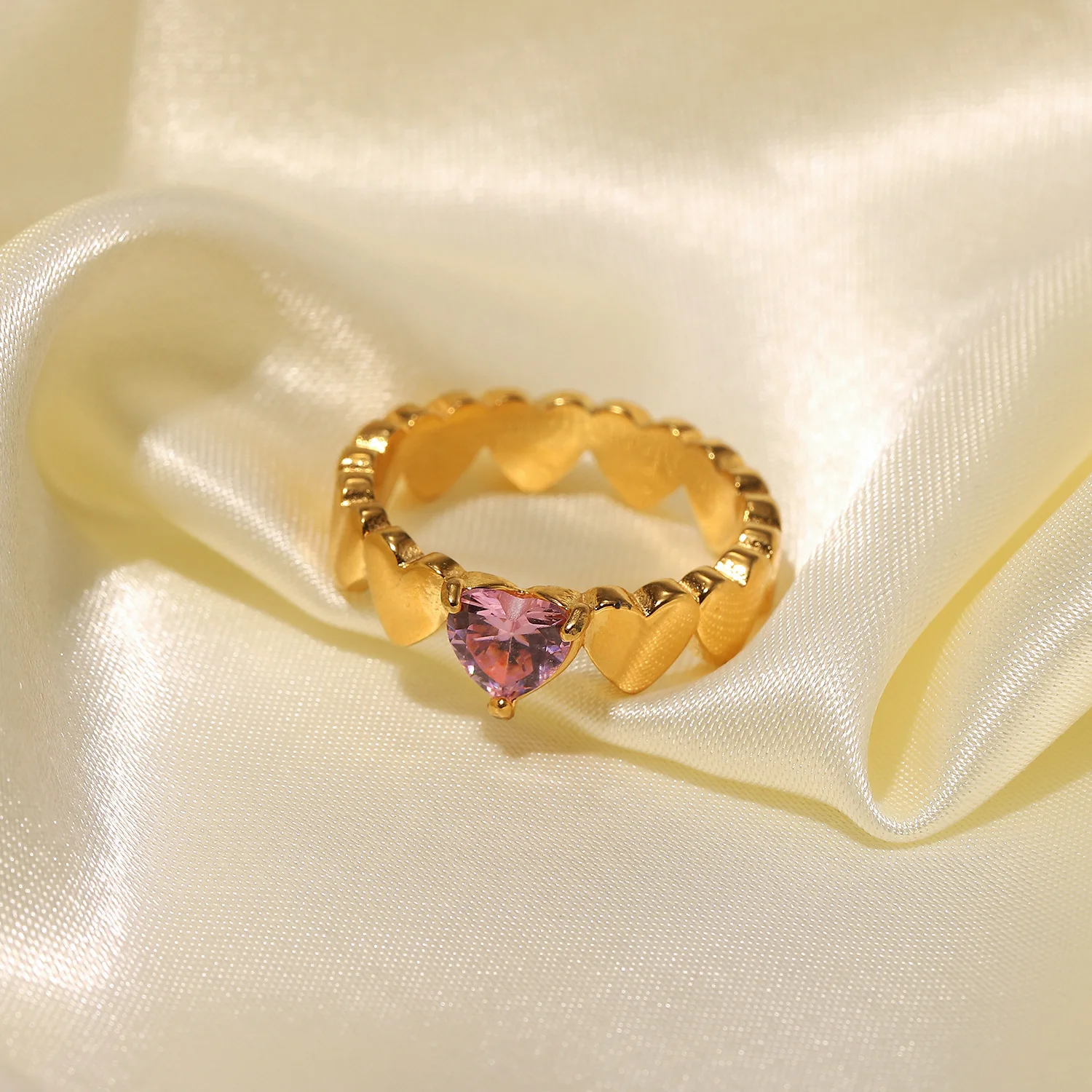 New INS Popular 18K PVD Gold Plated Stainless Steel Zircon Finger Pink Green Heart Shape CZ Zircon Rings