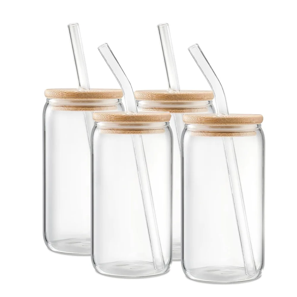 16oz 20oz Clear Sublimation Coffee Glasses Water Bottle Glass Jar with Bamboo Lid and Straws for Beer Beverage Drinking