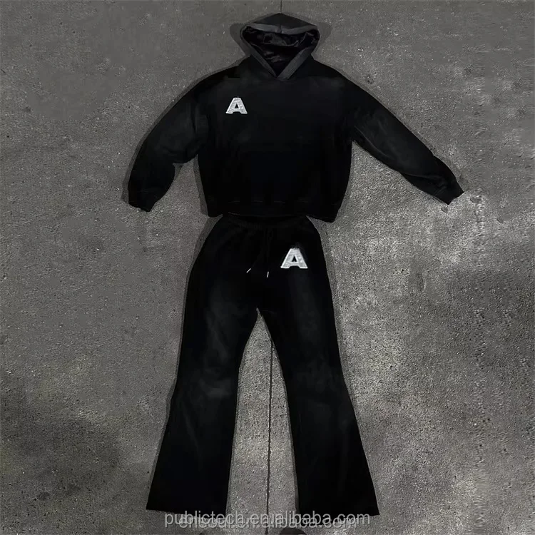 Custom Acid Wash Tracksuit Cotton Embroidery Sweat Suit Flared Sweatpants And Silk Lined Hoodies Set Distressed Sweatsuits Men