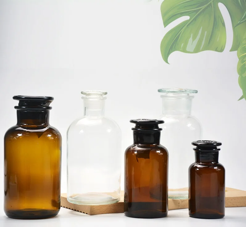 manufacturer lab apothecary glass bottle Clear Amber Wide Mouth Bud Vase Apothecary Glass Reagent Bottle And Jar With Glass Lid