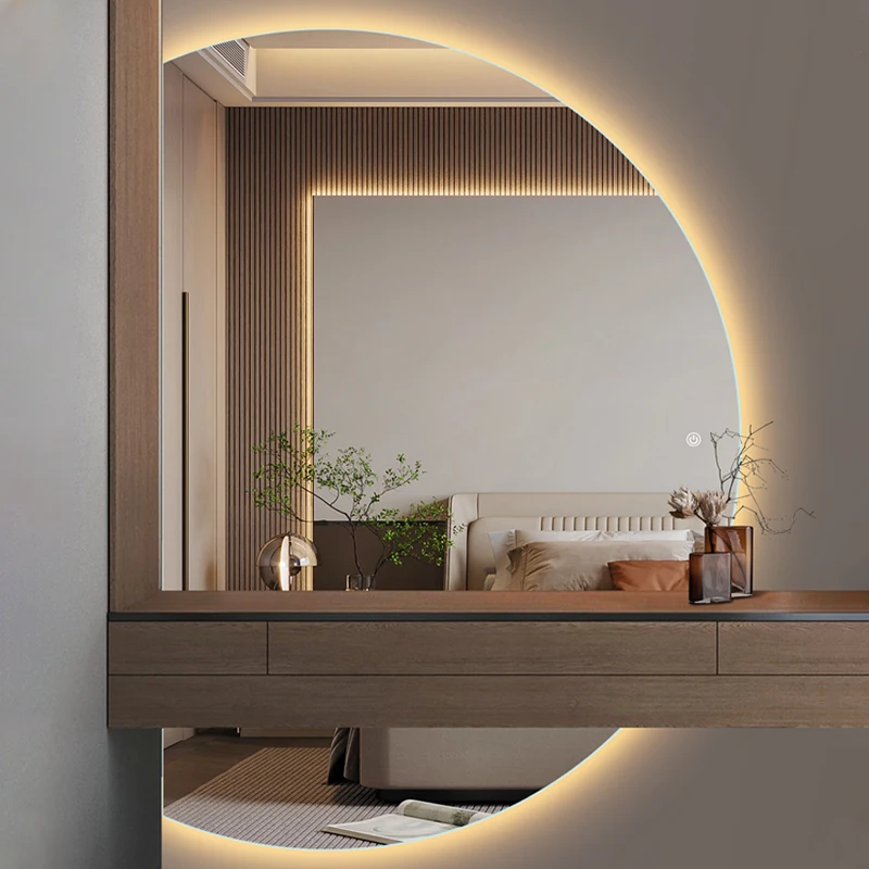 Hotel Touch Screen Wall Decorative Mirror Bathroom Vanity Half Moon Led Lighted Smart Makeup Backlit Bath Mirror