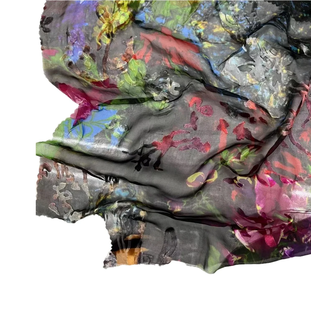 High standard silk  viscose satin burn out printing  viscose/silk  fabric  raw silk fabric for scarf dress
