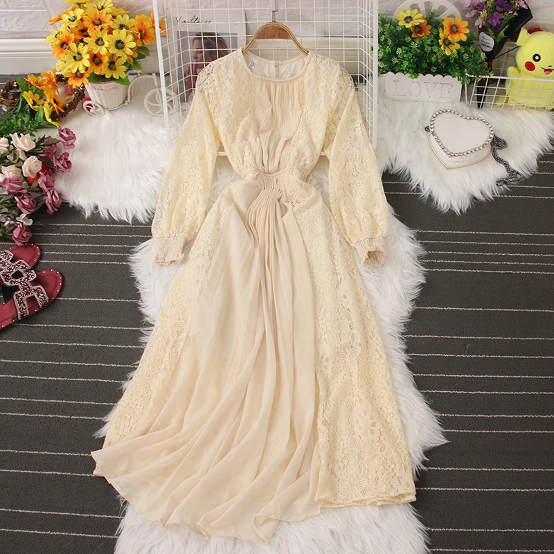 Elegant style dress round neck chiffon lace hollow stitching pleated skirt dress