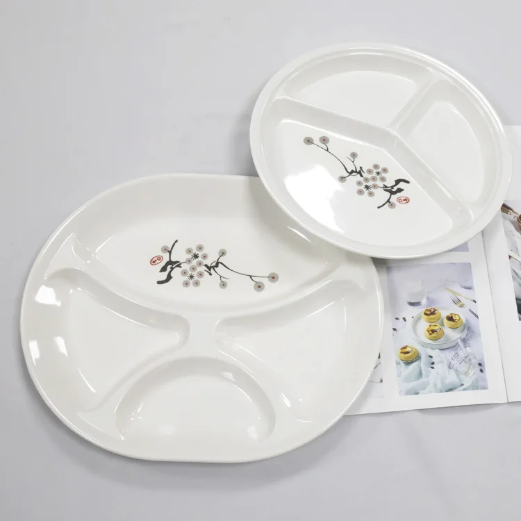 Chinese Flower Pattern Printed White Round 4 Divided Plates Melamine Partition Serving Plate