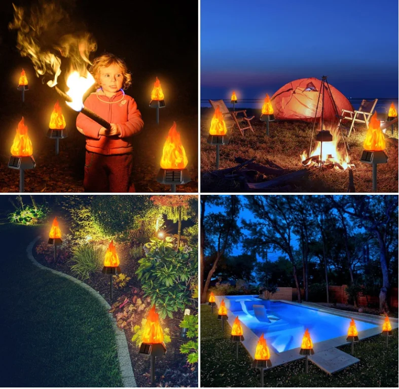 Outdoor solar lamp, flashlight with flashing flame, outdoor camping terrace waterproof LED flame flashlight