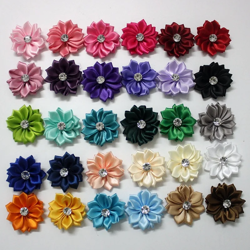 Satin Ribbon Flowers with Rhinestone for Hair Accessories