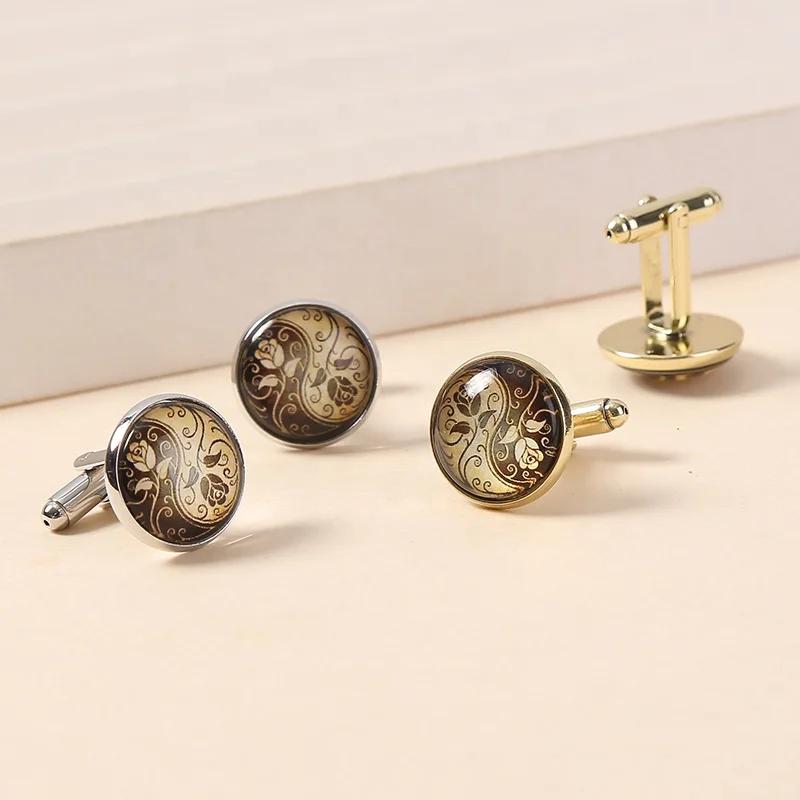 Lot stock personalized metal cuff links traditional cufflink round vintage flowers yiwu wholesale cufflinks