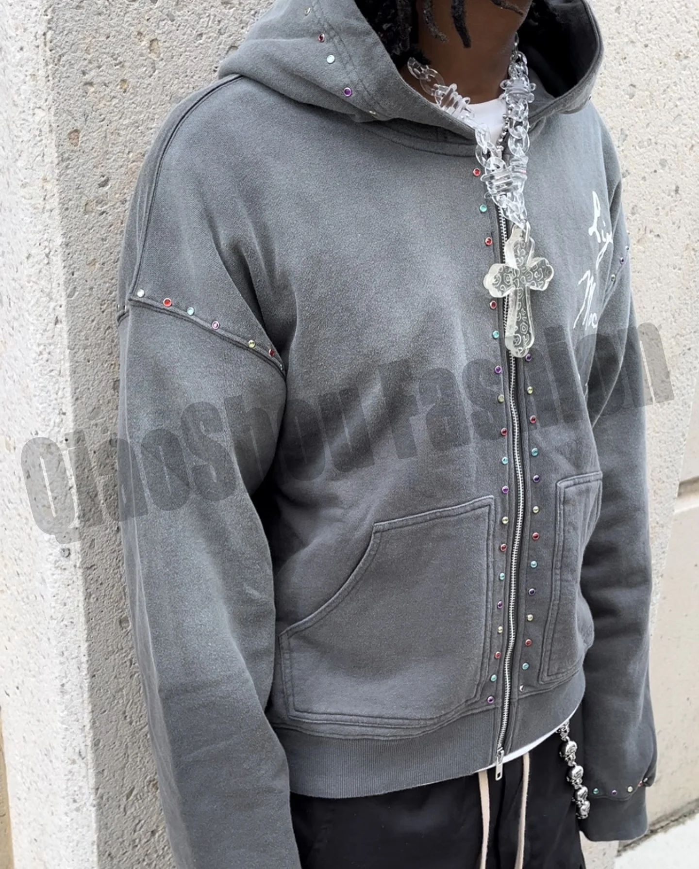 OEM 450 Gsm 100% French Terry Cotton Rhinestone Studs Sun Faded Acid Wash Screen Print Boxy Cropped Fit Zip Up Hoodie For Men