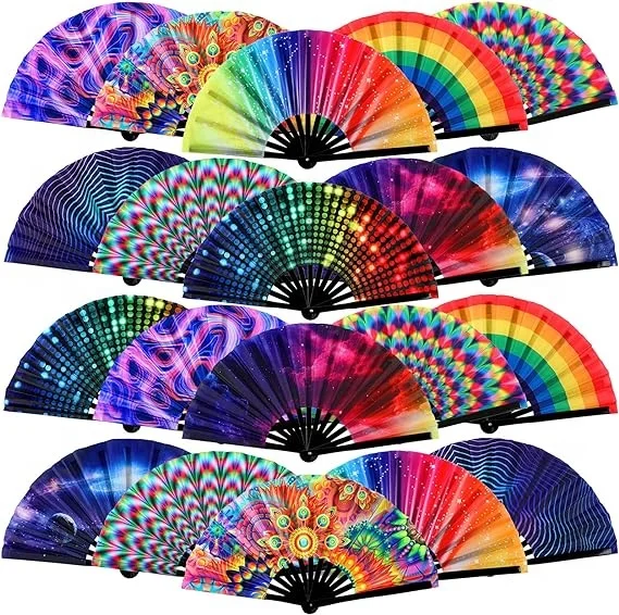 33cm UV clack hand fan Bamboo Folding fans with Fabric Case glow in dark for festival and party