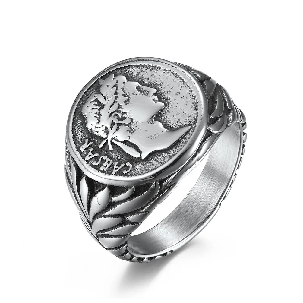 High Quality Retro Roman Empire Caesar the Great Stainless Steel Ring Vintage Coin Caesar Head Titanium Steel Rings for Men
