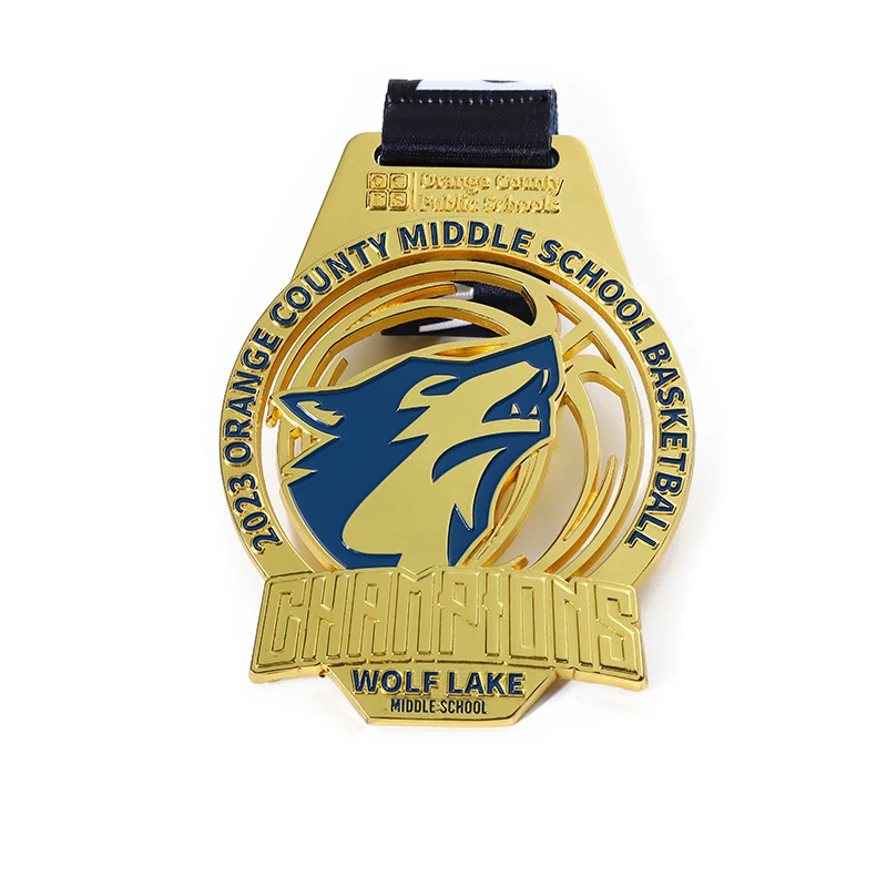 Oem Factory 3D Enamel Gold Basketball Medal Custom Design Wolf Lake Middle School Student Medal for Basketball Game