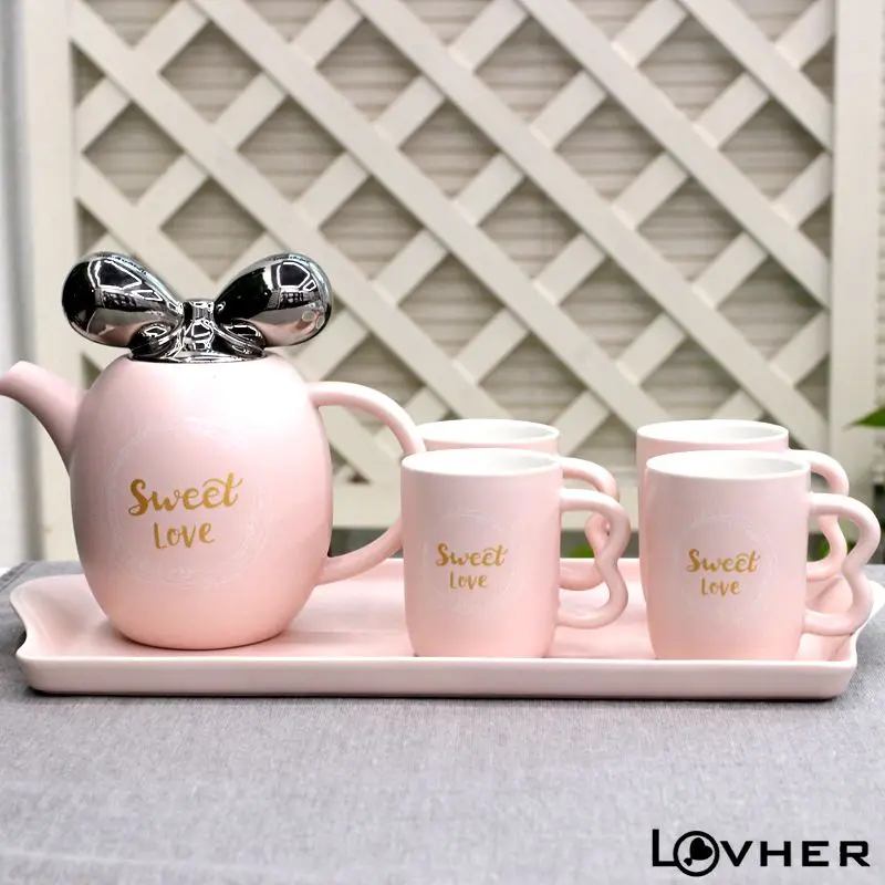 Big Quantity Porcelain cute color glazed gold silver lid tea pot set with tea cup and ceramic tray for Home Kids Office Restaura