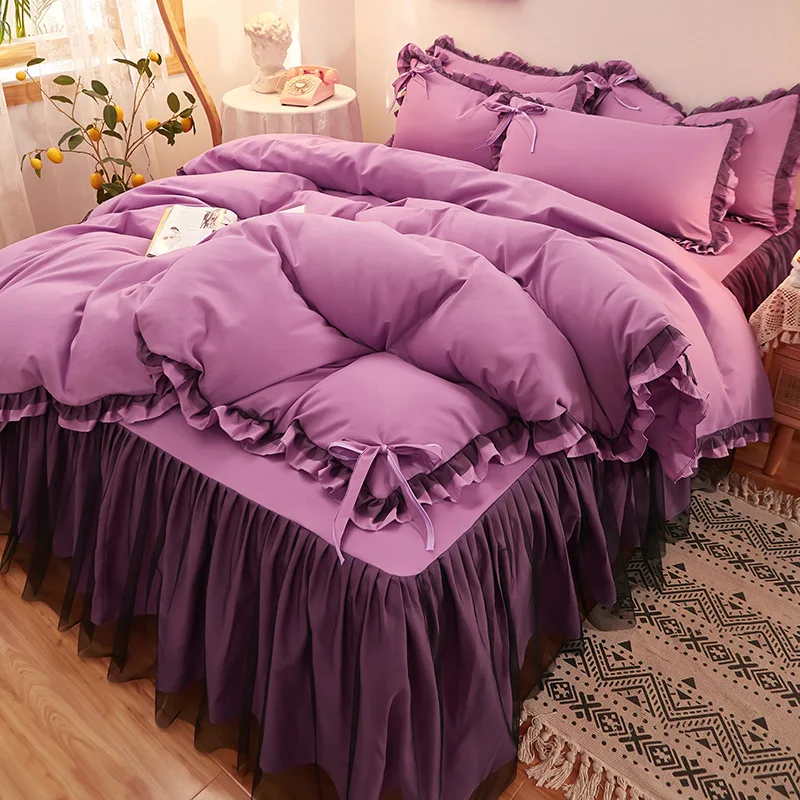 Lace four-piece bed set skirt Purple bed cover Korean bow Princess Wind fairy duffel cover.