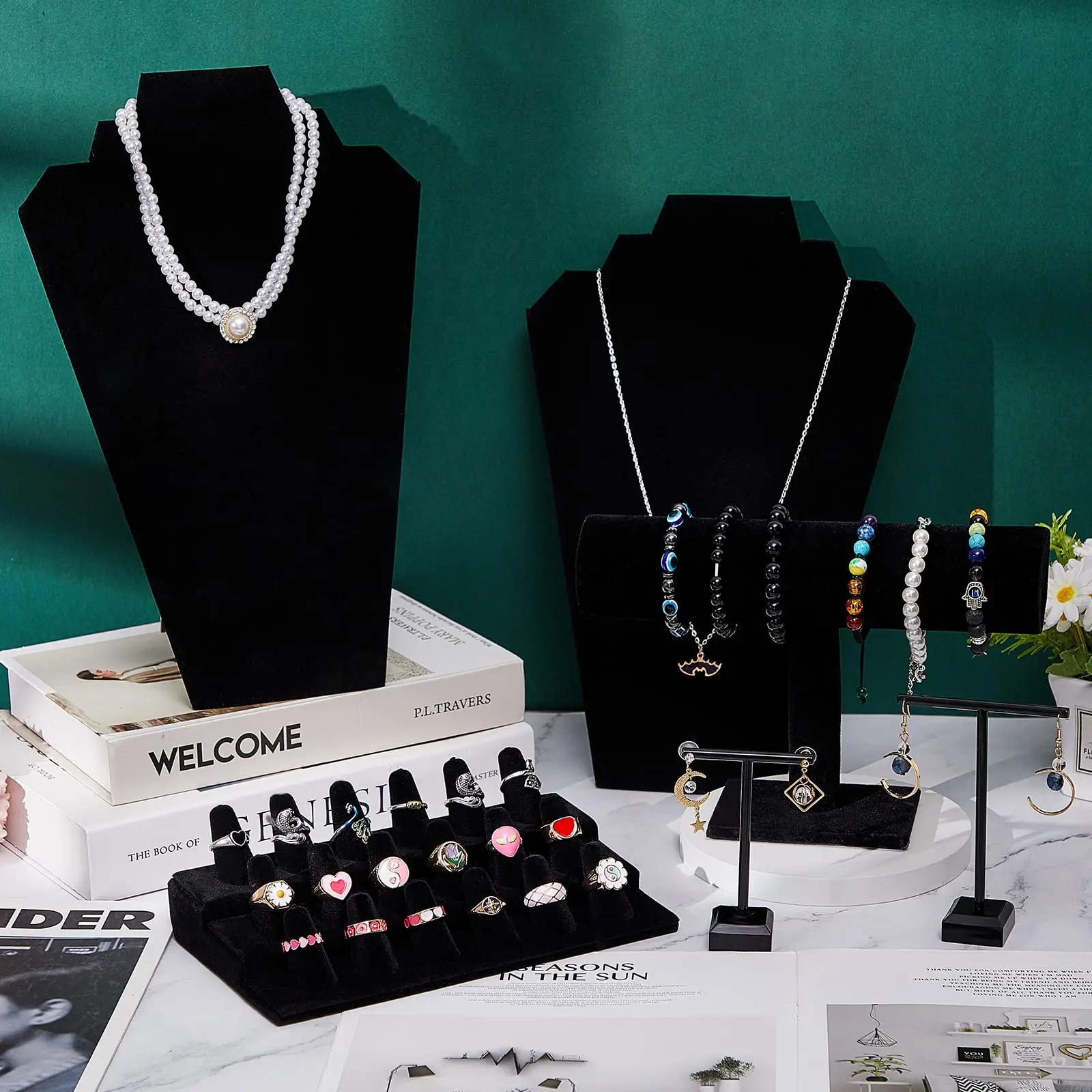 Microfiber Black Velvet Threadless Jewelry Display Earring Ring Necklace Fashion Jewelry Body Chain Display Set