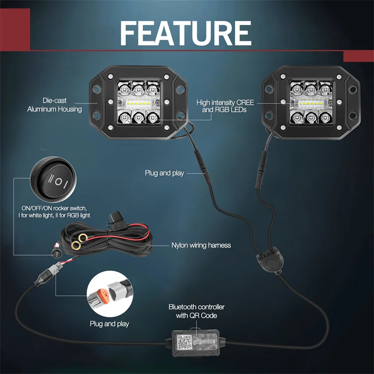 Nova Auto Music App Control Flush Mount RGB And White Led Pod Lights With Halo Ring
