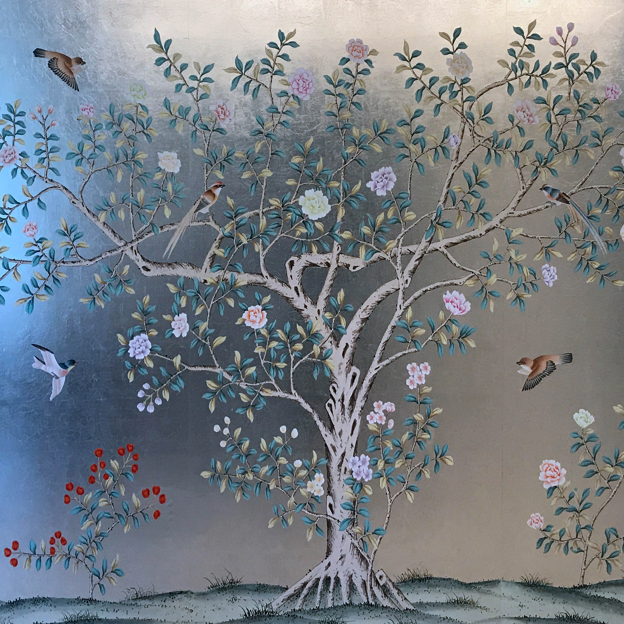 high quality wall panel hand painted silver foil red peony flower wallpaper