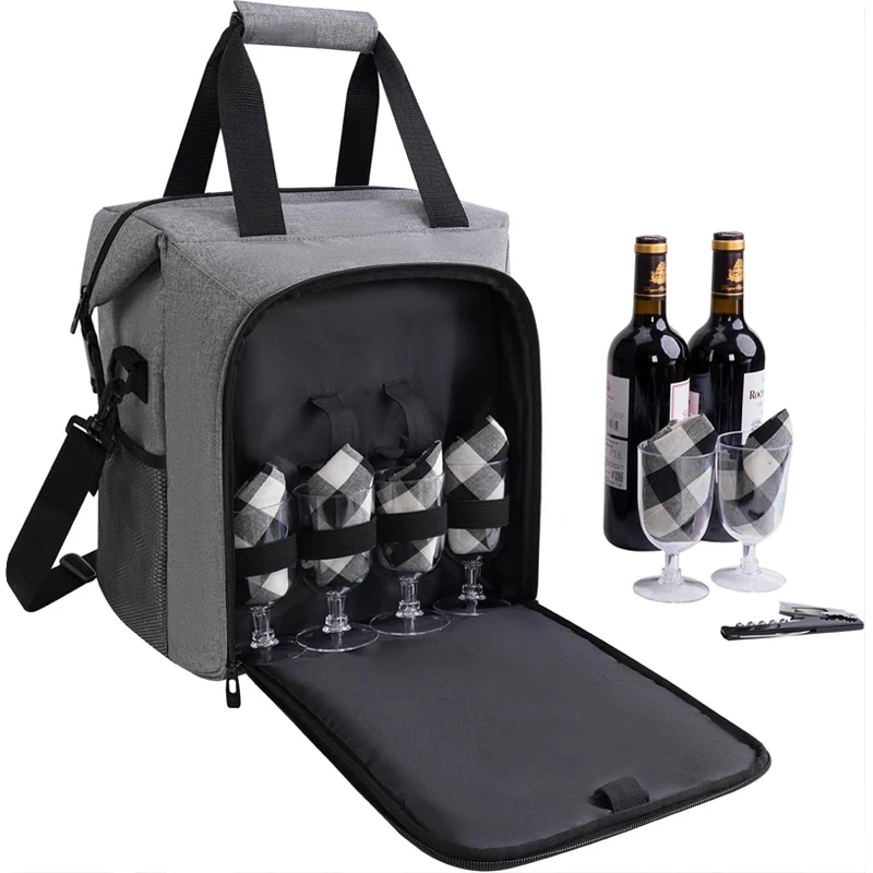 Insulated Wine Cooler Bag for Travel 6 Bottle Wine Tote Bag with Cooler Compartment&Picnic Set Carrying Two Sets of Tableware
