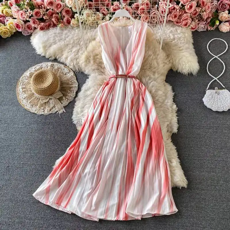Trending Fashion Long Dress Sleeveless V Neck Tie Die Classy Dress 2021 Women Summer Elegant Formal Evening Dress