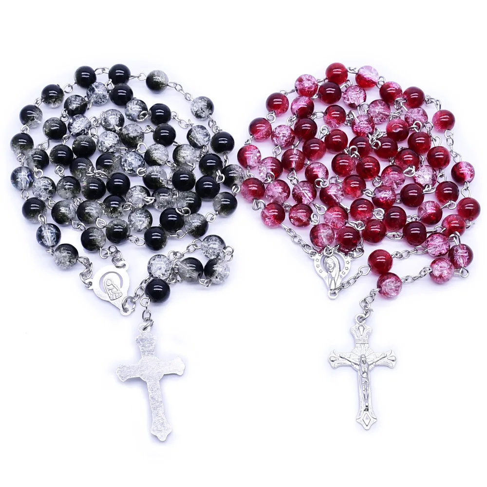 Factory direct wholesale fashion jewelry cross rosary necklace 8mm glass crushed stone round prayer beads bent needle bead chain