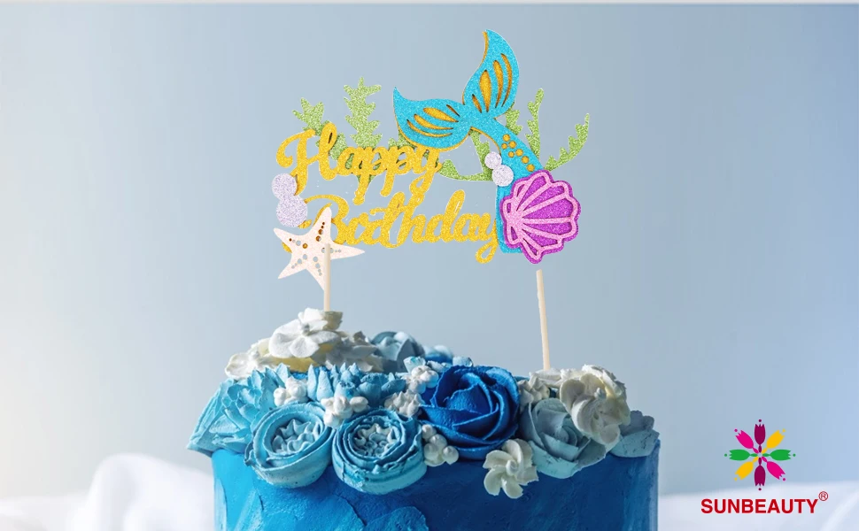 Wholesale Mermaid Happy Birthday baby Cake Topper Home Party Decoration Paper Cake Toppers
