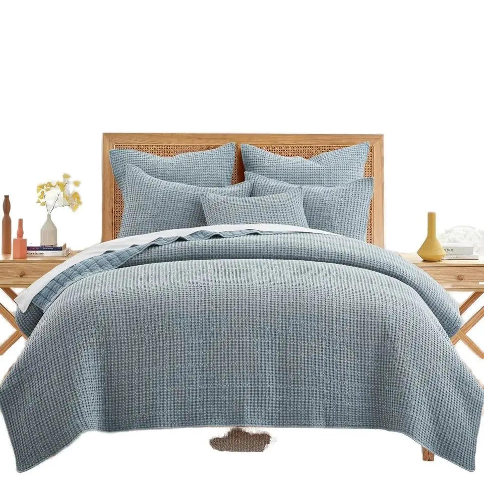 Reversible Queen-Size Waffle Quilt Set 3PCS Soft Breathable Summer Comforter Square Pattern Nicely Dropped Waffle Coverlet