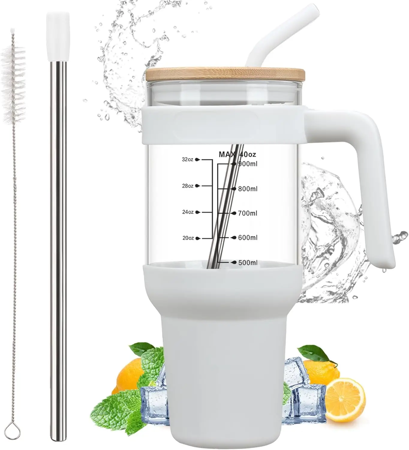 Glass Water Bottles 40 oz Iced Coffee Cup Glass Tumbler with Bamboo Lid and Straw with Handle with Silicone Sleeve