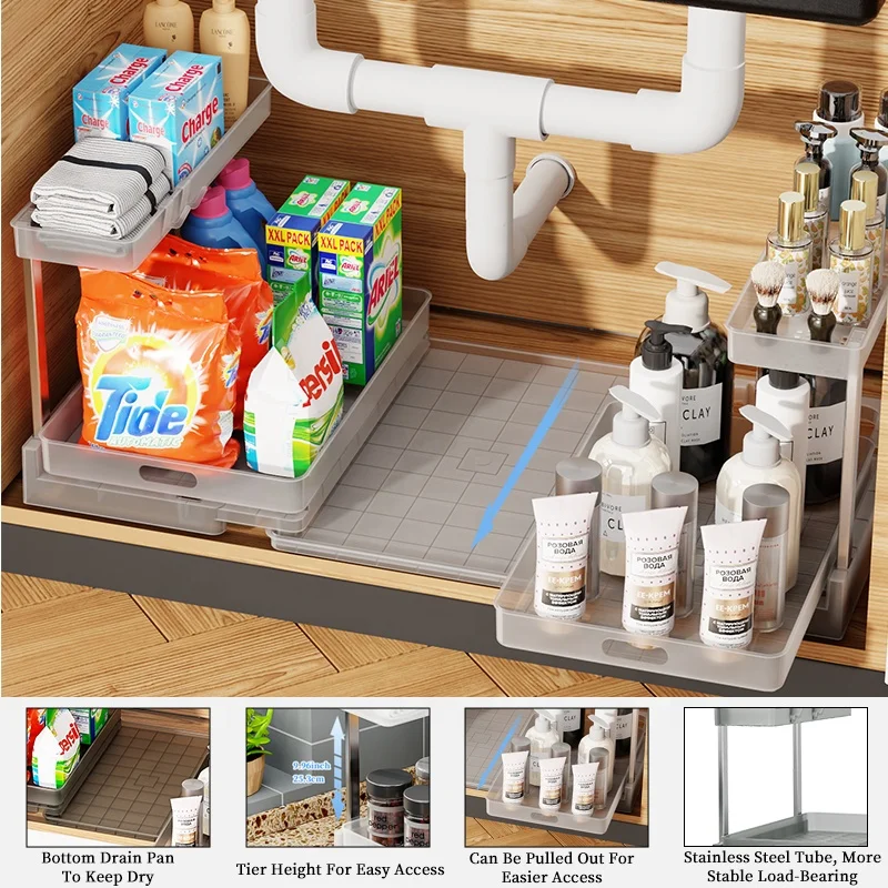 2 Tier Sliding Drawer Shelf  Multi Use for Kitchen Bathroom Home Pull Out Under Cabinet Organizer Storage Under Sink Organizer