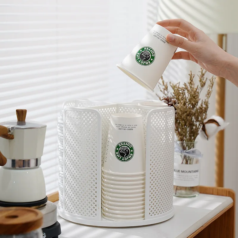 Paper Cup and Lid Holder 4 Compartment Rotation Plastic Cup Storage Organizer Coffee Cup Dispenser