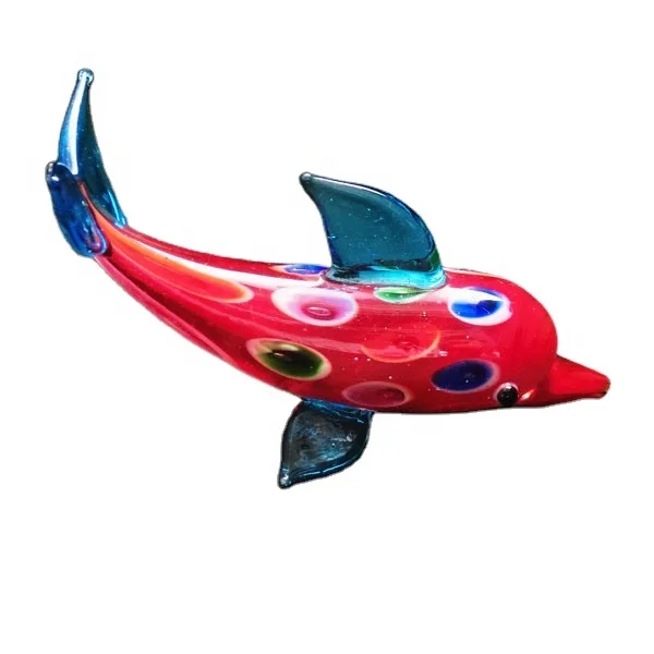 New Glass Art Clear Blown Hand Made Red Dolphin Figurine
