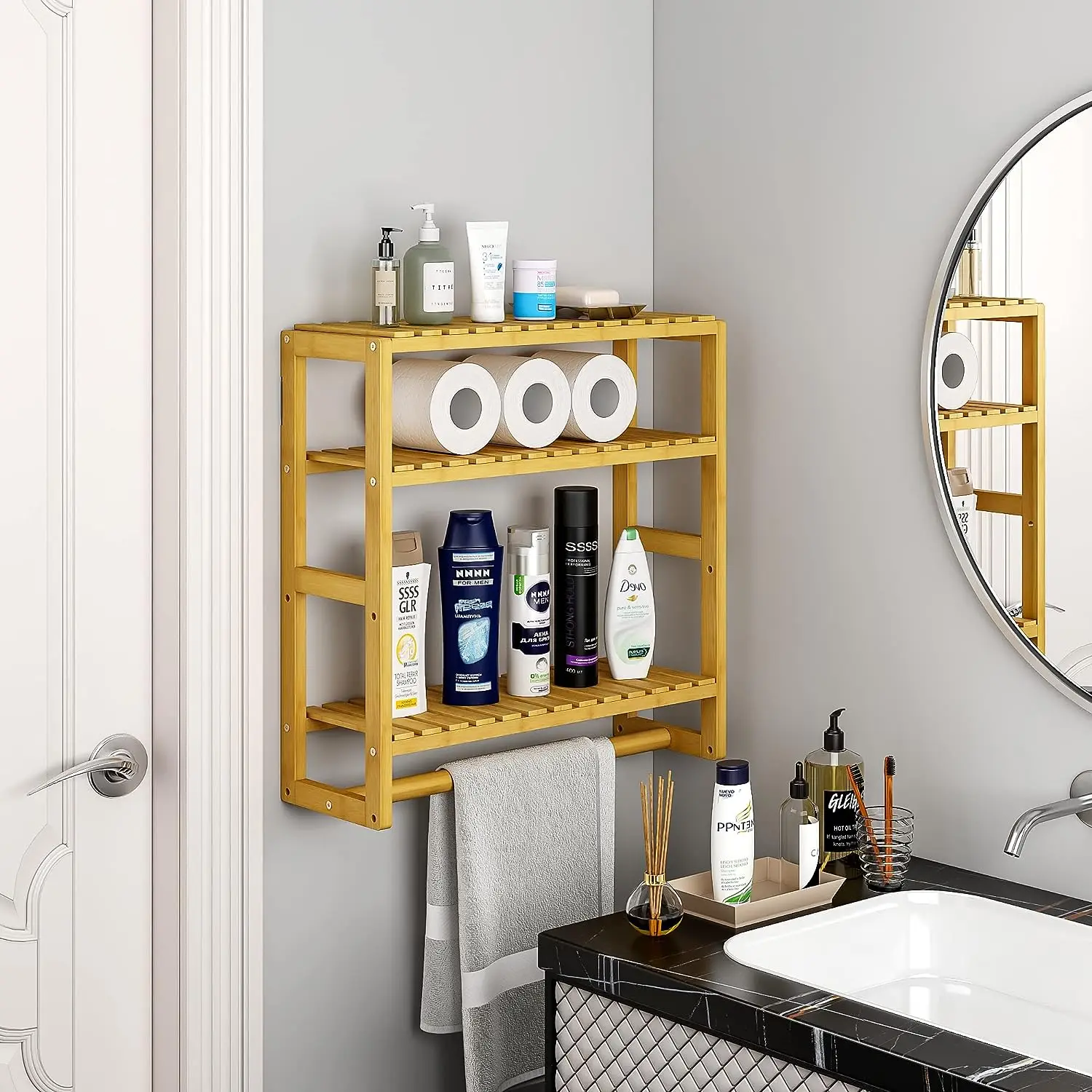 Wholesale Wall Mounting Bamboo 3-Tier Bathroom Storage Shelf Adjustable Bamboo Organizer Rack for Bathroom