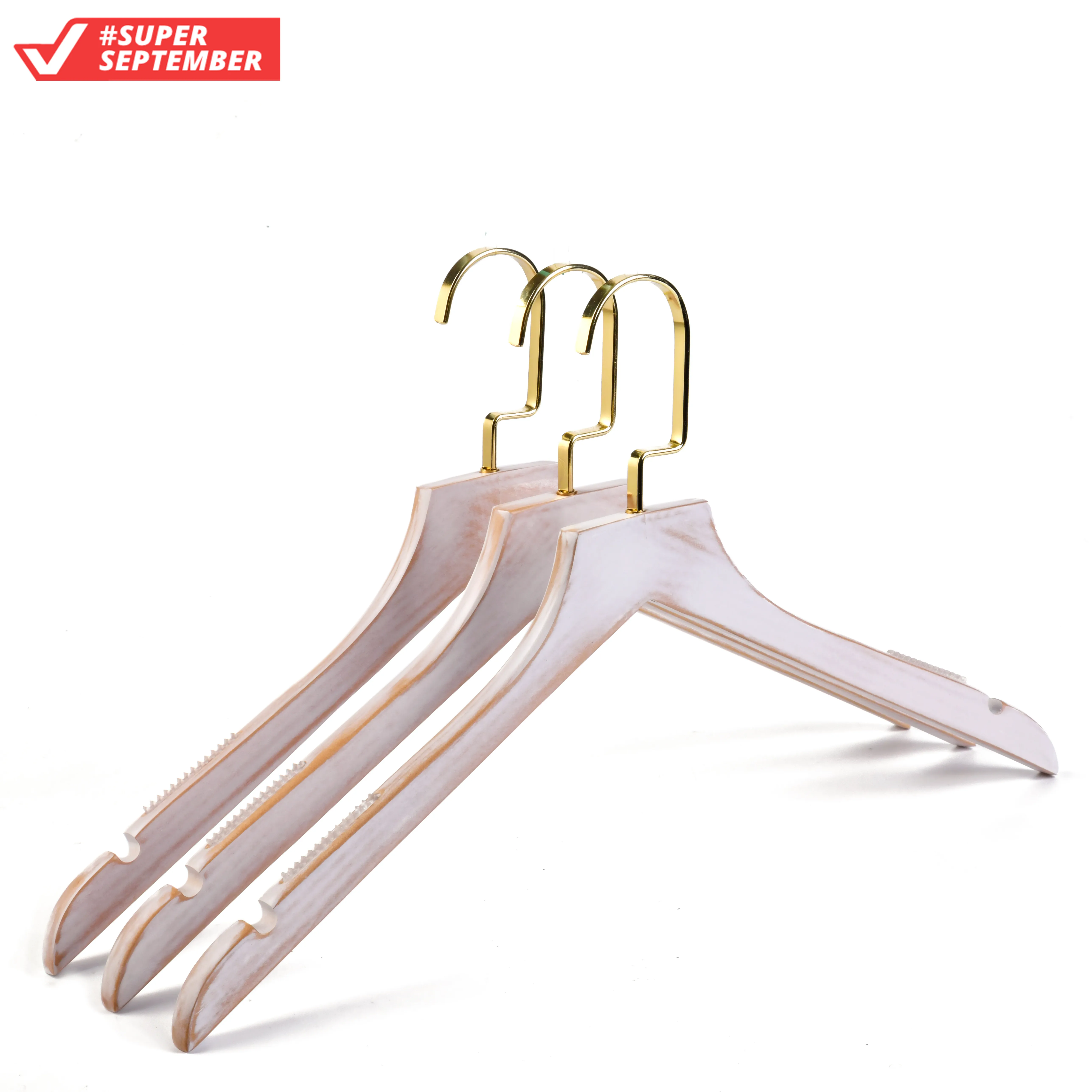 Antique Washed White Thin  Wooden Clothes Hangers with Flat Shiny Gold Hook