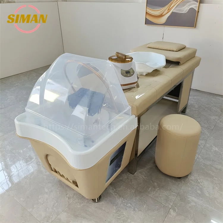 Siman shampoo bed with water circulation and steamer portable shampoo sink with large storage cabinet stainless steel bed frame