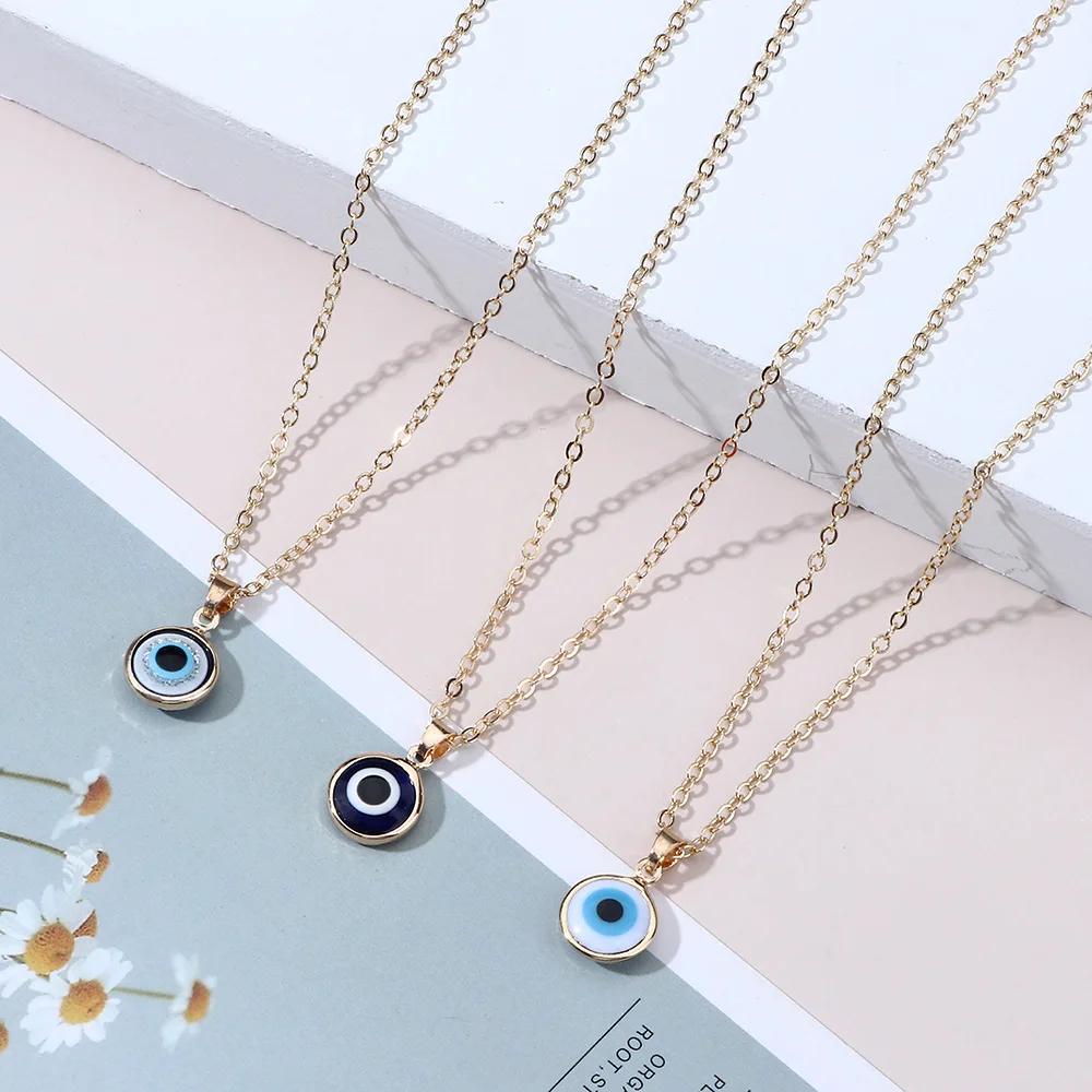 Wholesale Gold Plated Round Pendant Women Girls Blue Evil Eyes Necklace Jewelry For Gift
