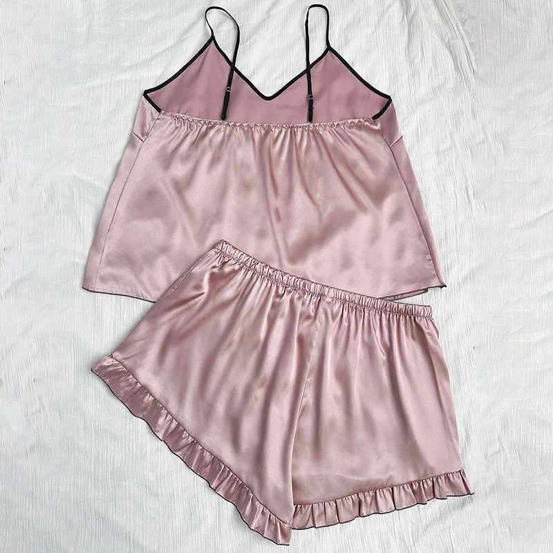 2024 Fashion New Cross Border European And American Plus Size Cool Casual Comfortable Sling Silk Sexy Loose Shorts Two Piece Paj