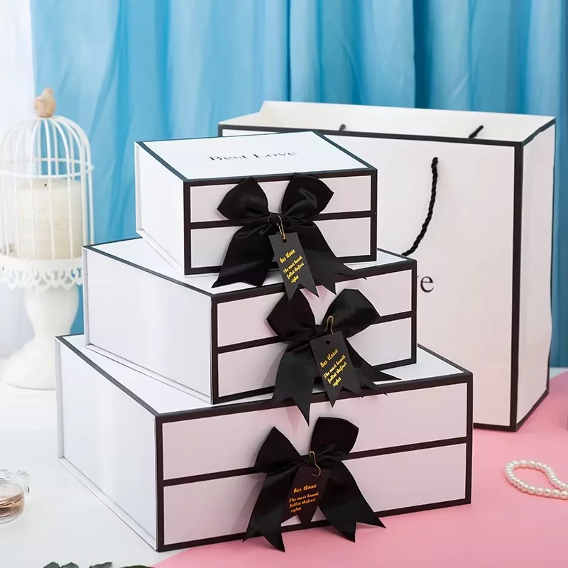 Deluxe Custom logo white black Magnetic Gift Box with Bow