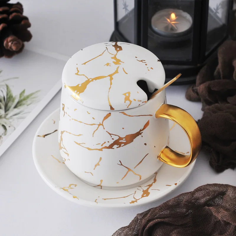  Роскошная черная матовая мраморная кофейная керамическая кружка чашка с блюдцем тарелкой крышкой