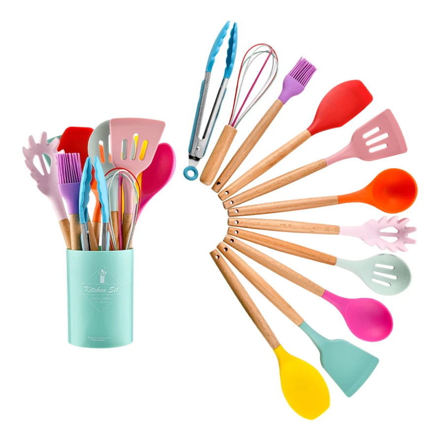 Colorful Eco-friendly 12PCS Nylon Cooking Tools Sets Kitchen Utensils Wholesale Kitchenware Accessories with Wooden Handles