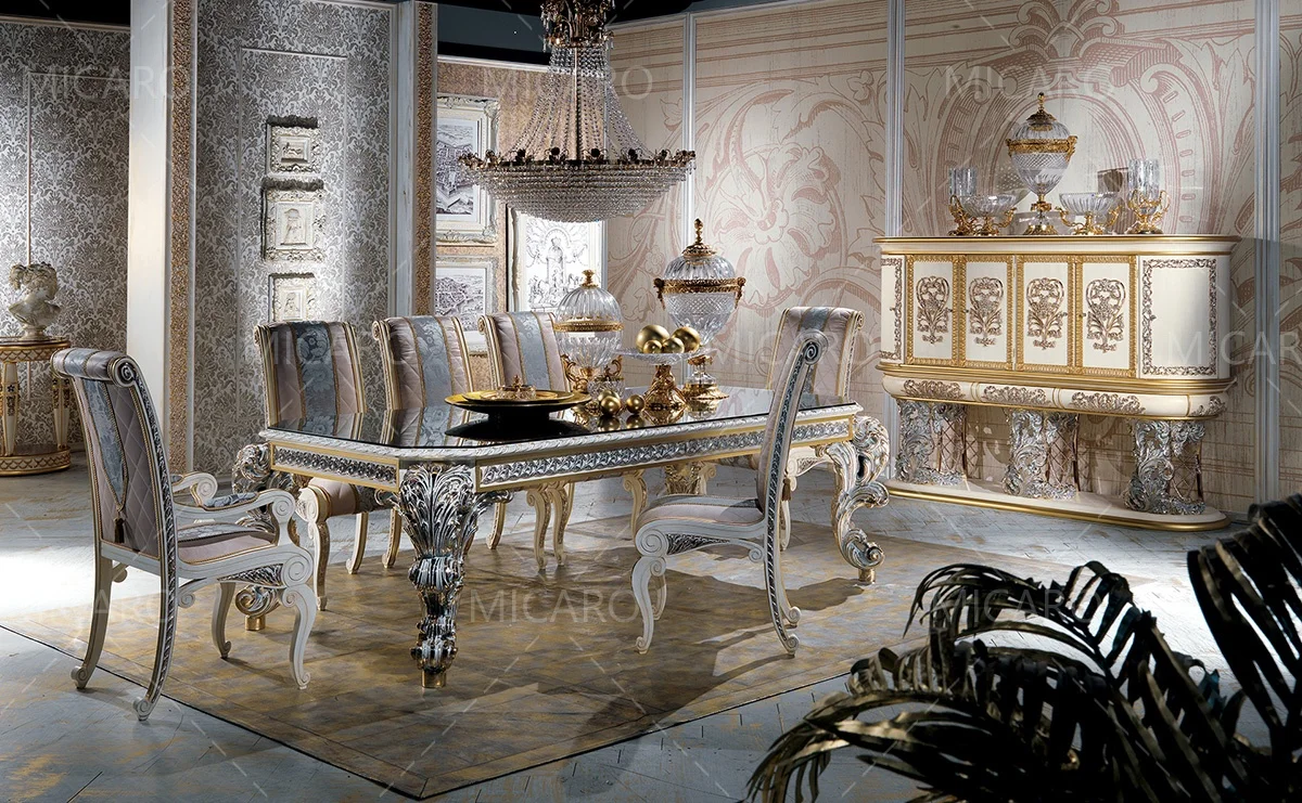 Luxury exquisite unique hand carving gilding Italian style solid wood Rectangular glass top dinning table with 8 seater