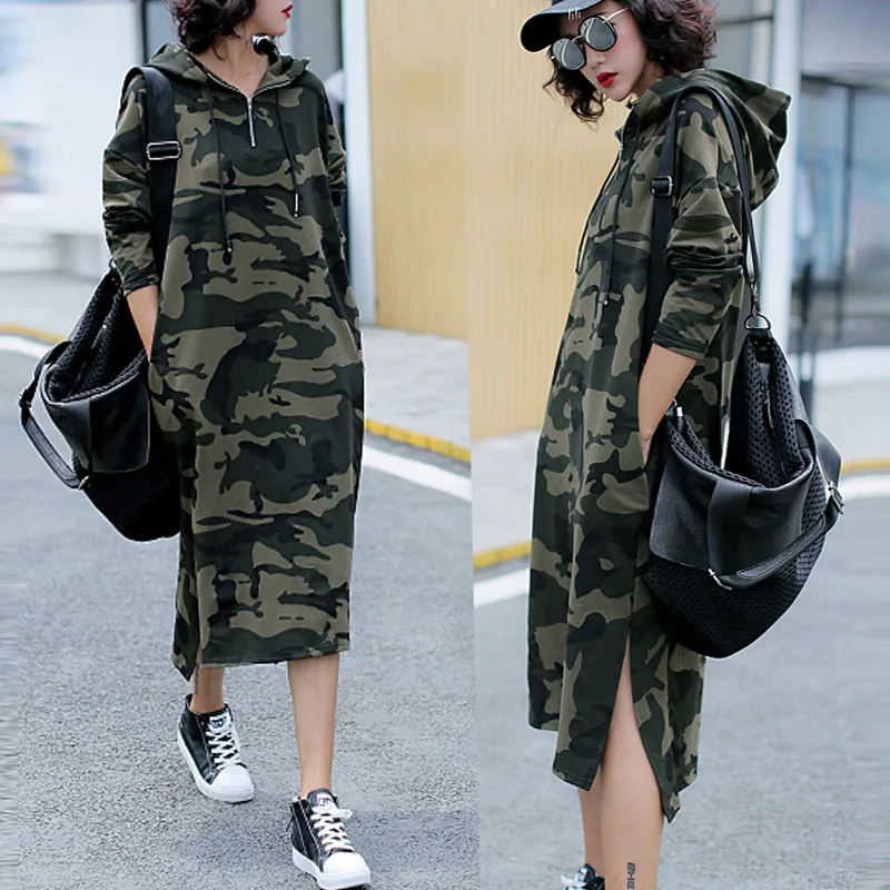 New Arrivals Fall Women Custom OEM Casual Camouflage Cotton Long Dress Plus Size Zipper Hooded Hoodie Dresses With Pockets