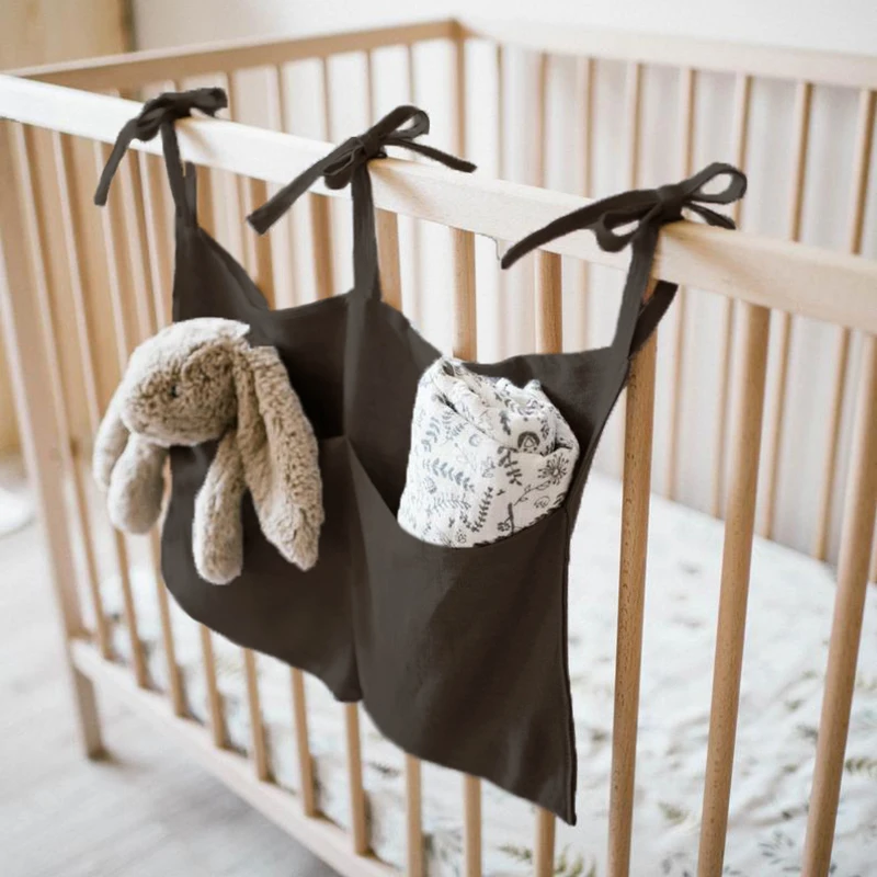Crib Side Hanging Storage Bag 100 % pure Linen 2 Pocket Organizer and For Crib Multi-Functional Diaper Bag