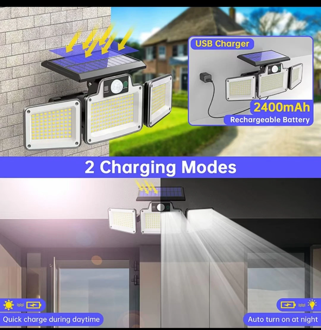 3 Heads 280 led 3 Lighting mode outdoor solar motion Sensor garden wall light waterproof street lamp with DC usb charging
