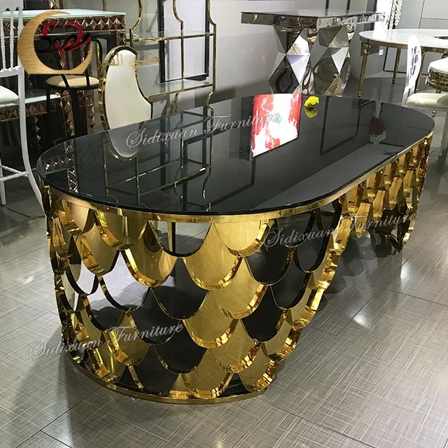 Glass top fish scale table legs gold dinner dining table set 6 chairs
