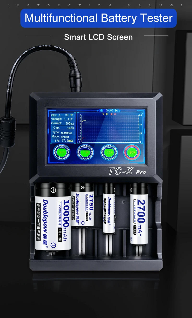 Smart 12V Discharge Tester Rechargeable 4-Slot Battery Capacity Checker for AA AAA C D Size Lithium NiMH Lithium Batteries