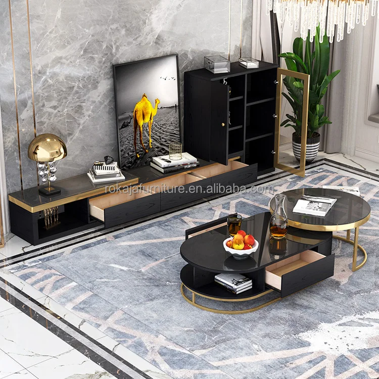 Modern Living Room Black Gold Slab Tv Stand Set Tempered Glass Oval Coffee Table Tv Stand Combo New Stainless Steel Tv Stand Set